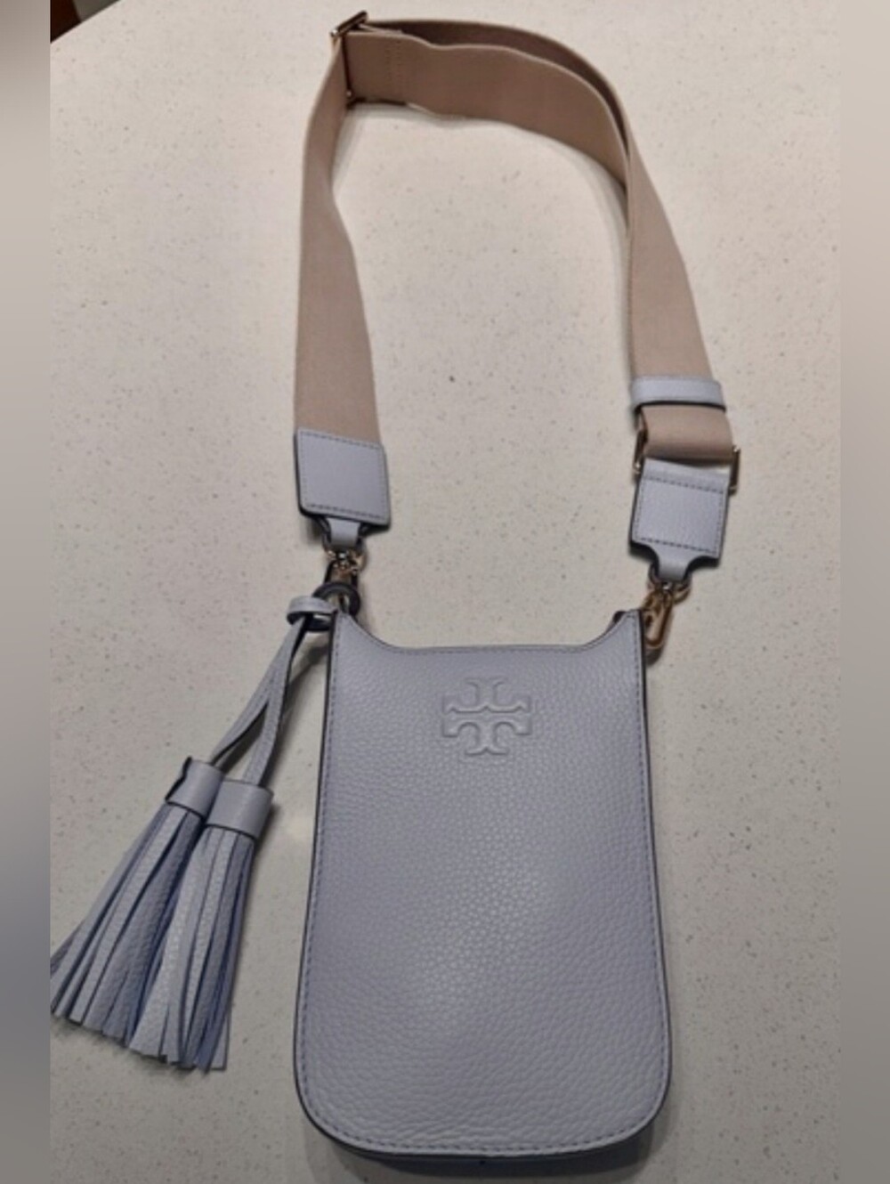 Tory Burch Light Blue Pebbled Leather Crossbody Phone Bag with Tassel